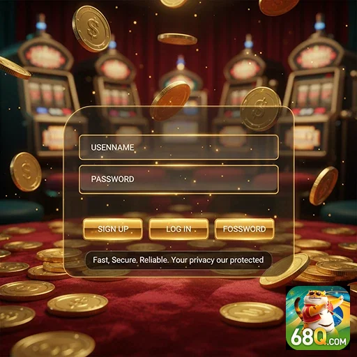 Tela de login da plataforma 68q com moedas ao fundo.
