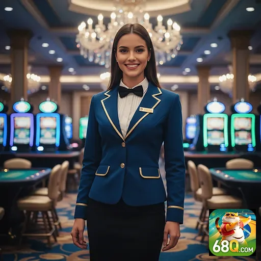 Atendente no ambiente de cassino do 68q, com slots ao fundo.