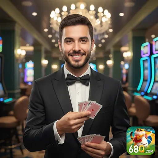 Jogador no 68q mostrando cartas em ambiente de cassino.