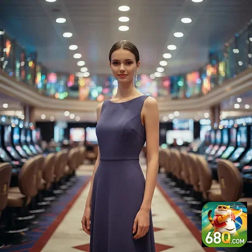 Jogadora elegante em cassino com máqinas no fundo, 68q.