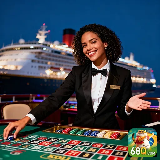 Croupier feliz em cassino do 68q, promovendo jogos VIP.