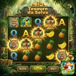 Tela de slot game 'Tesouro da Selva' no 68q com símbolos