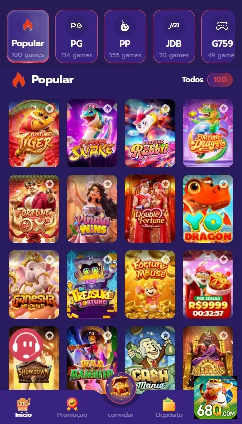 Tela do aplicativo 68q, mostrando jogos populares no celular.