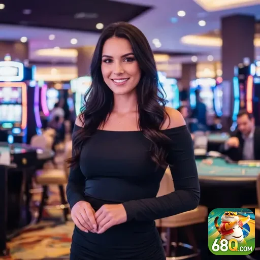 Atendente sorri em cassino com slots na 68q.