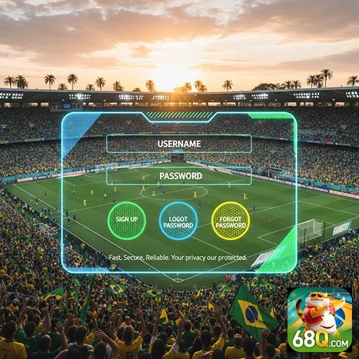 Tela de login do 68q em ambiente de jogo com torcida.