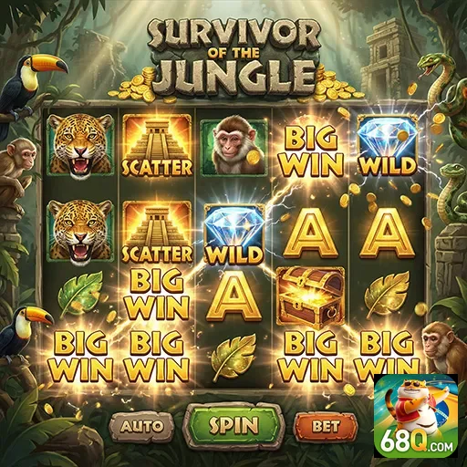 Slot game 'Survivor of the Jungle' no 68q, com símbolos de vitória.