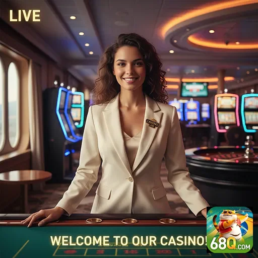 Dealer ao vivo no cassino 68q interagindo com jogadores.