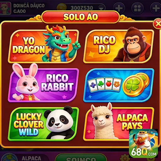 Tela de jogos VIP do 68q com personagens e suas versões.